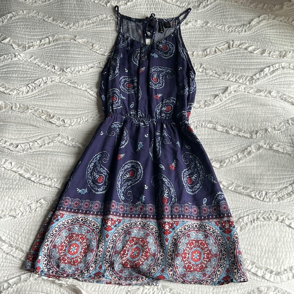 paisley print navy halter neck dress